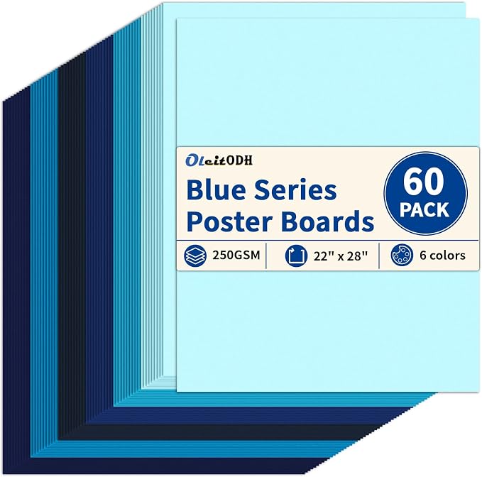 Oleitodh 60 Sheets Blue Large Poster Board 22 x 28 in, 6 Shades, 250 GSM | Heavyweight poster board for signs, school projects, vision boards, art crafts, presentations, and event displays. by Oleitodh