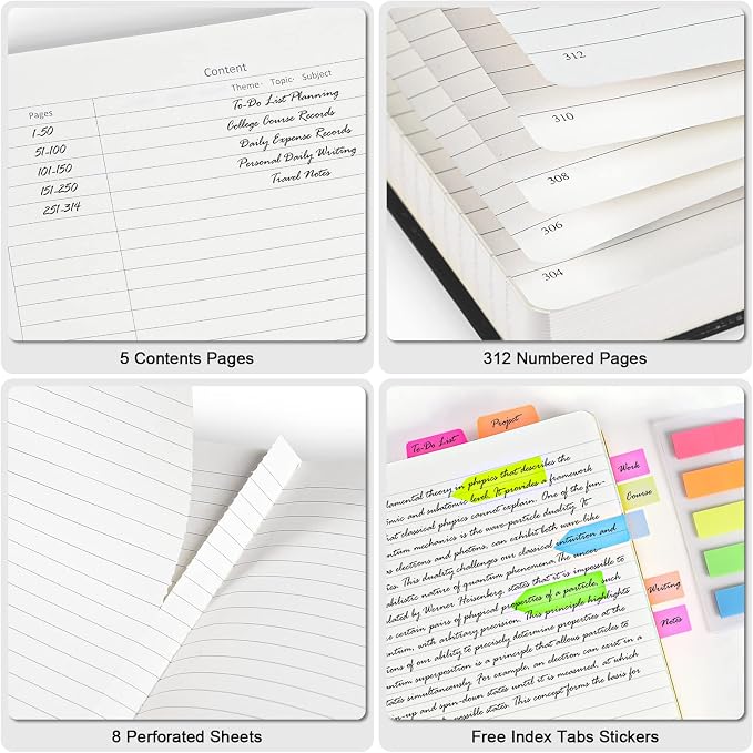 5 Pack College Ruled Notebook Bulk, A5, 312 Numbered Page Thick Journal Set | Cost-Effective 5 Pack 1600 Pages Total, 100gsm No Bleed Paper, Leather Hardcover, Lay-Flat, for Writing, Work, Employee Gifts - Image 4