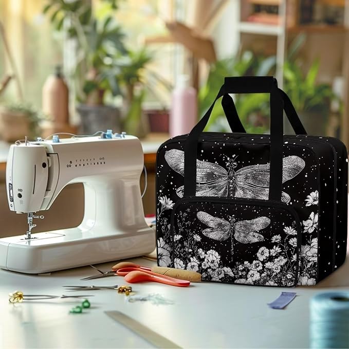 Txnsiver Sewing Machine Bag Universal Sewing Machine Dust Storage Case Large Capacity Travel Tote Bag Portable Versatile Travel Tote Bag with Handle and Soft Cushion, Dragonfly Flower - Image 4