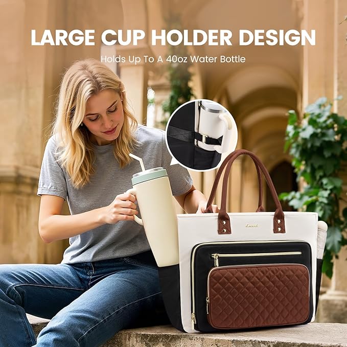 LOVEVOOK Teacher Tote Bag for Women Work, Laptop Bag With Large Cup Holder, Nurse Bags Professional Briefcase Business Computer Purses Bible Handbag Gifts, Black-Beige-Brown, 15.6 Inch - Image 2