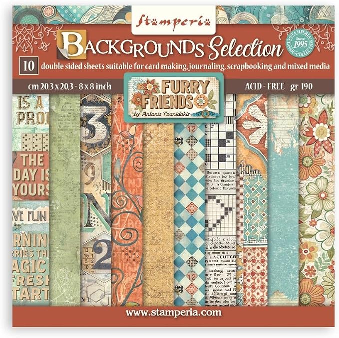 Stamperia - Scrapbook Paper Pad for Scrapbooking, Albums, Cards, Bullet Journals, and More, Acid Free, Double-Sided, Perfect for Crafts and Gifting (Furry Friends Background Selection) (20.3 x 20.3 cm by Stamperia