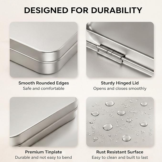 Geiserailie 10 Pack Metal Tin Boxes with Hinged Lids, Rectangular,Sliver | Empty Storage for Watercolor Paint, Jewelry, Pencil Case, Candy, 7.0x4.2x0.6 Inch Rectangular Craft Organizer Tin - Image 4