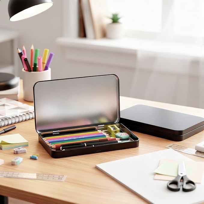 Geiserailie 2 Pack Metal Tin Boxes with Hinged Lids, Rectangular,Black | Empty Storage for Watercolor Paint, Jewelry, Pencil Case, Candy, 7.0x4.2x0.6 Inch Rectangular Craft Organizer Tin - Image 6