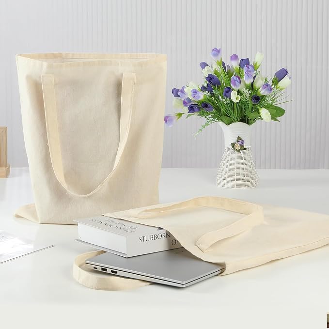 Carbrea 12 Pack Thin Canvas Tote Bags Bulk, Reusable Grocery Bags - Beige | Lightweight, 5oz Natural Canvas, Reinforced Stitches, Blank Design, Ideal for Shopping DIY Sublimation Activity Gift - Image 3