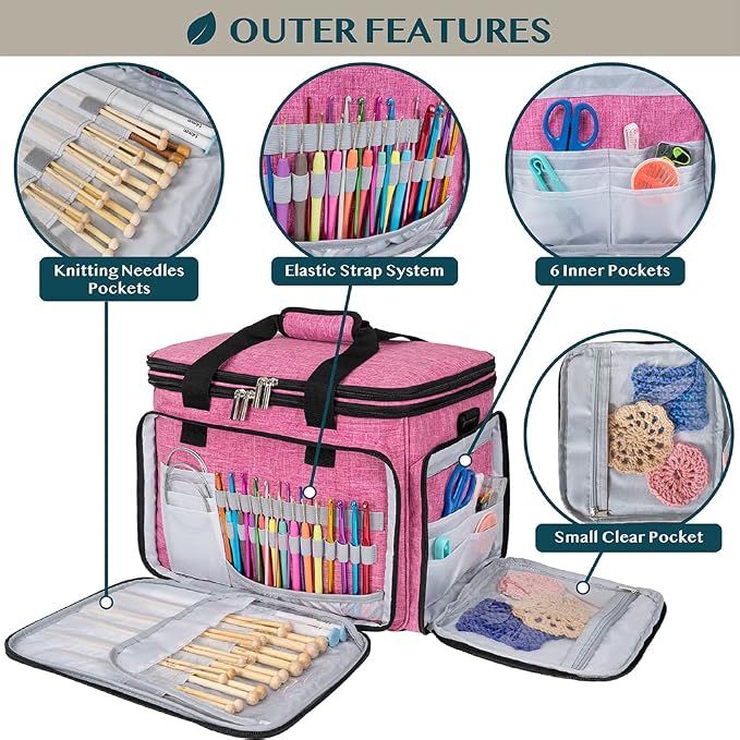 PAVILIA Knitting Bag Yarn Storage Tote - Large Crochet Organizer, Holder for Knitter Projects, Accessories Set, Gifts for Crochet Lovers - Heather Pink - Image 3