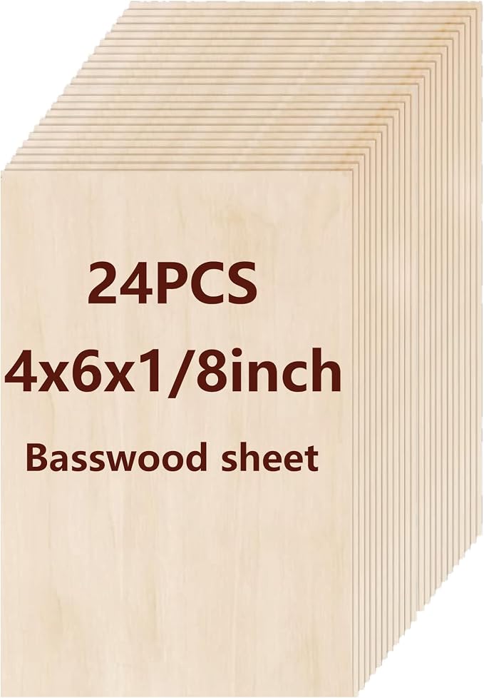 Basswood Sheets 24 Pack,4"x6"x1/8" Plywood Sheets,3mm Basswood for Laser Cutting,Laser Engraving Blanks,Drawing & Painting,Thin Natural Unfinished Wood for Crafts,Wood Burning,Scroll Saw Cutting by Unknown