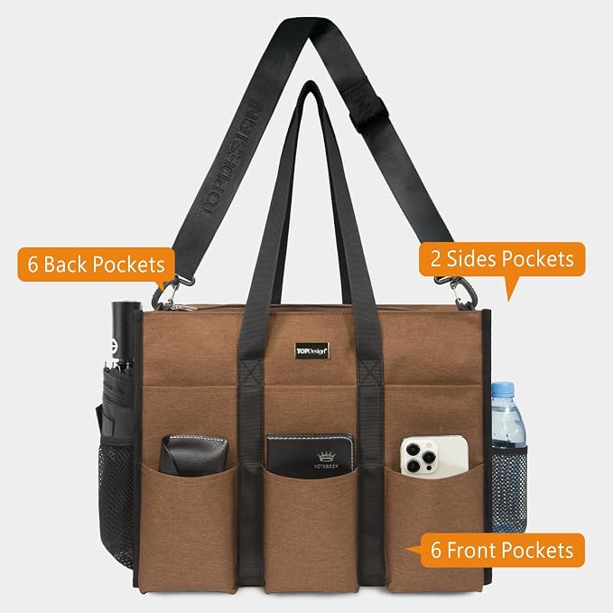TOPDesign Utility Water Resistant Tote Bag with 22 Pockets, Top Zipper Closure & Thick Bottom Support, for Working Women - Image 4