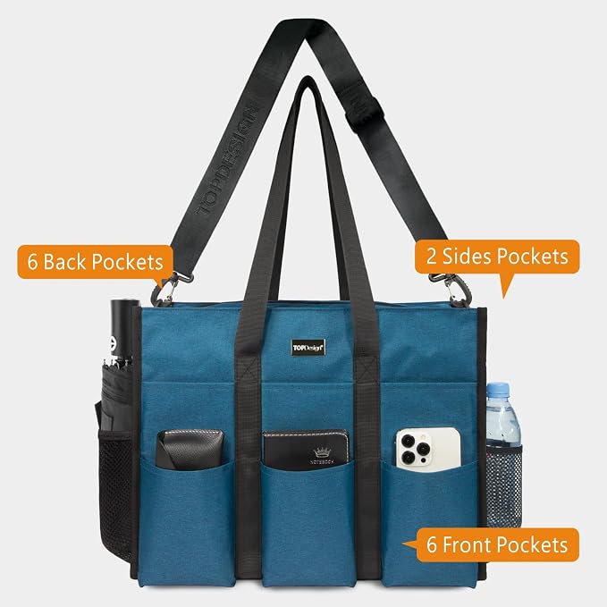 TOPDesign Utility Water Resistant Tote Bag with 22 Pockets, Top Zipper Closure & Thick Bottom Support, for Working Women - Image 4