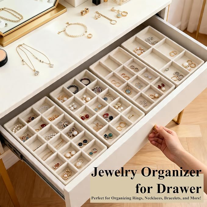 24 Pack Velvet Jewelry Trays Stackable Jewelry Organizer Trays Drawer Inserts Divided Storage Containers for Rings Earrings Jewelry Display (Beige) - Image 6