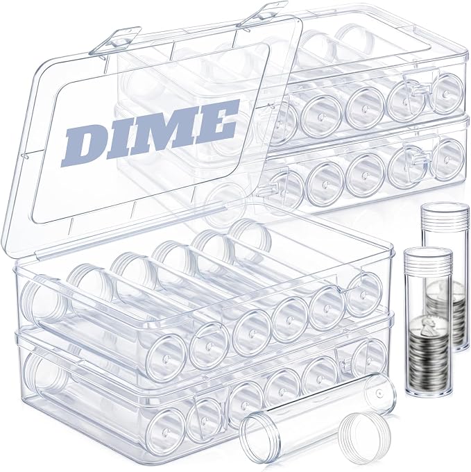Qunclay 24 Pcs Dime Coin Tubes with 4 Plastic Storage Box Clear Holders with Lid for Coin Supplies Collection by Qunclay