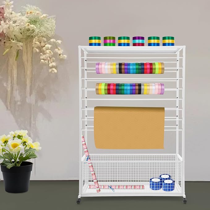 Ribbon Holder Organizer Rack, 16-Layer Ribbon Holder with Wheels | Double-Sided 16-Layer Ribbon Holder with Wheels, Wrapping Paper Ribbon Display Rack Storage Shelf for Craft Room - Image 2