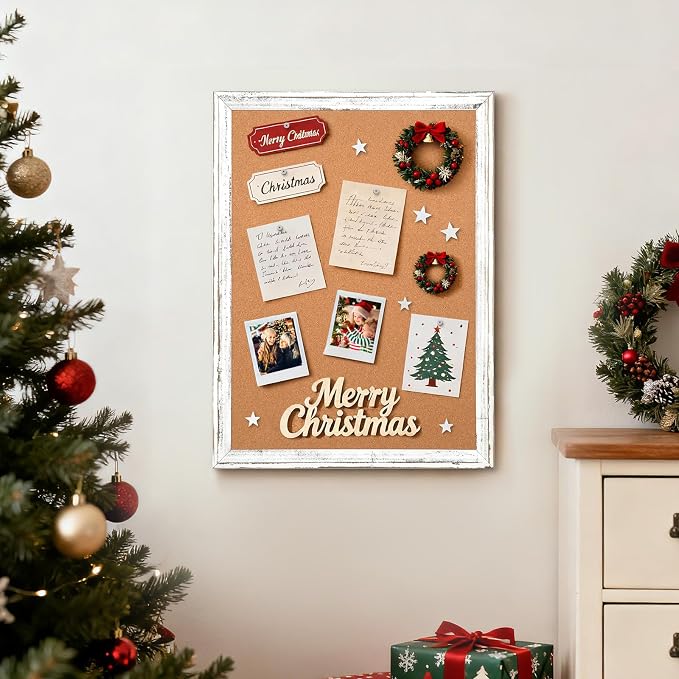 Cork Board Bulletin Board, 24"x18" Corkboard for Wall | Rustic White Wooden Frame, Decorative Pin Board, Message Board, Notice Board, Vision Board for Home, Office, Kitchen - Image 2
