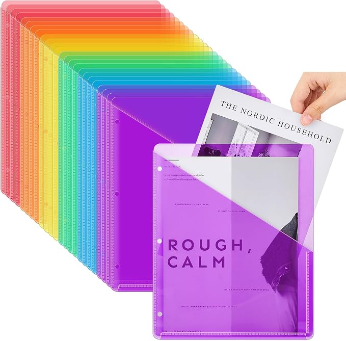 Seajan 24 Pcs Pocket Folders for 3 Ring Binder Clear Plastic Folders Sleeves with 2 Pockets 3 Hole Punch Binder Dividers Poly Slash File Jackets for Office School Document Organizer (Multicolor) by Seajan