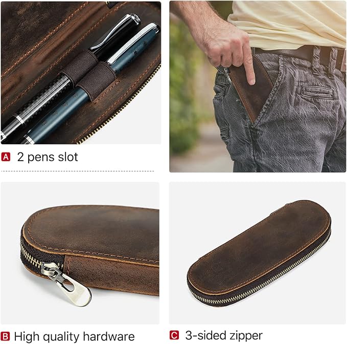 Top Grain Genuine Leather 2 Pen/Pencil Case Bag Organizer, Minimalist Vintage Design, Handmade, Zipper Closure with Stretch Strap, Gift Choice for Man/Woman/Office, Matte Coffee, 2 Slots - Image 5