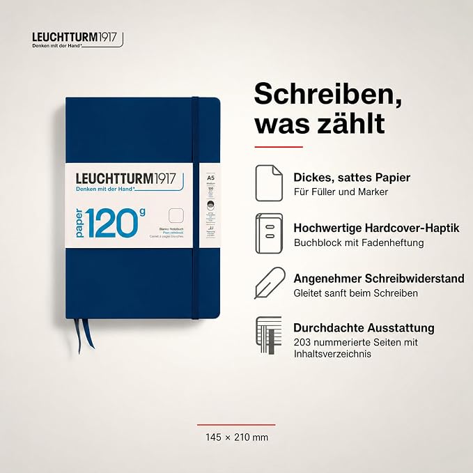 LEUCHTTURM1917-120G Special Edition - Medium A5 Hardcover Notebook - 203 Numbered Pages with 120gsm Paper (Navy, Plain) - Image 2