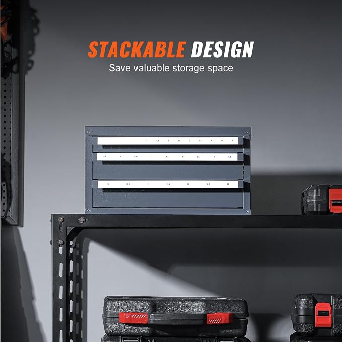VEVOR Drill Bit Organizer - Three-Drawer Steel Cabinet for 1mm to 13mm, Labels, Stackable - Image 8