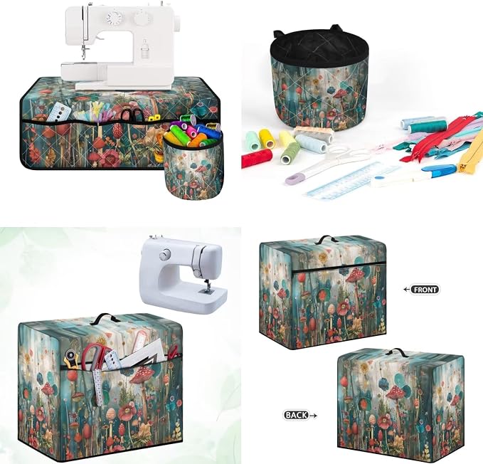 Mushroom Flowers Sewing Machine Mat & Dust Cover, Stain Resistant Muffling Mats with Pockets for Sewing Accessories Reduce Vibration Home Decor - Image 3