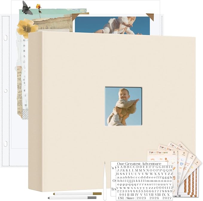 Vienrose Linen Scrapbook Photo Album Kit, Large 3 Ring Binder Scrapbook with 30 Plastic Sleeves, 15x13 Inch DIY Memory Book for Wedding, Baby Shower, Family & Kids Keepsake Gift, Beige by Vienrose