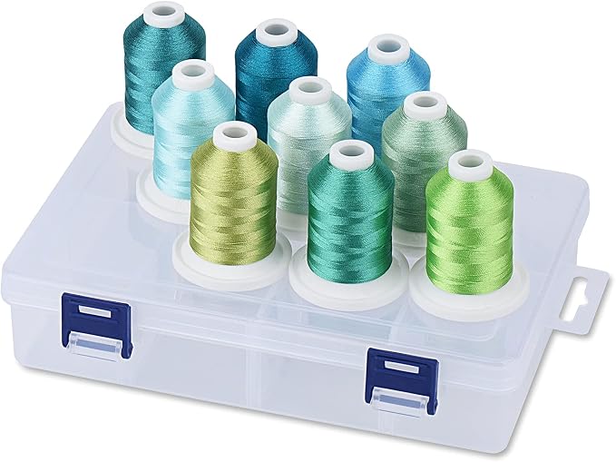 Simthread Embroidery Thread with Storage Box - 800 Yards/Spools | 9 Turquoise and Mint Green Colors for Embroidery and Sewing Machine by Simthread