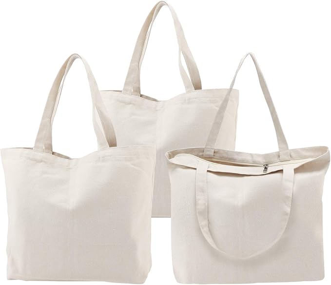 Segarty 3PCS 16.5x13 inch Natural Heavy DIY Tote for Crafting, Ironing and Embroidering, White Canvas Reusable Grocery Shopping Bag with Zipper by Segarty