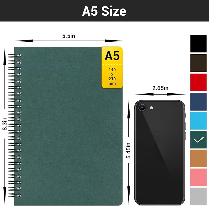 EUSOAR Spiral Notebooks, 12 Packs A5 5.5"x8.3" 120 Pages Hardcover Lined Travel Writing College Ruled Notebooks, Memo Notepad Sketchbook, Students Office Business Subject Diary Book Journal-Dark green - Image 2