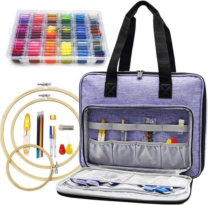 ATTERET Full Range Embroidery and Cross Stitch Starter Kit with Premium Storage Organizer Bag, Includes 99 DMC Coded Cotton Threads, 9 Metallic Floss, 3 Hoops, Needles, Scissors + More (Purple) by creativeembroiderysolutions