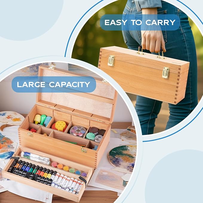 Large Solid Beechwood Art Supply Storage Box | Artist Storage Organizer with Drawer for Paintbrushes, Paints, and Pastels - Image 6
