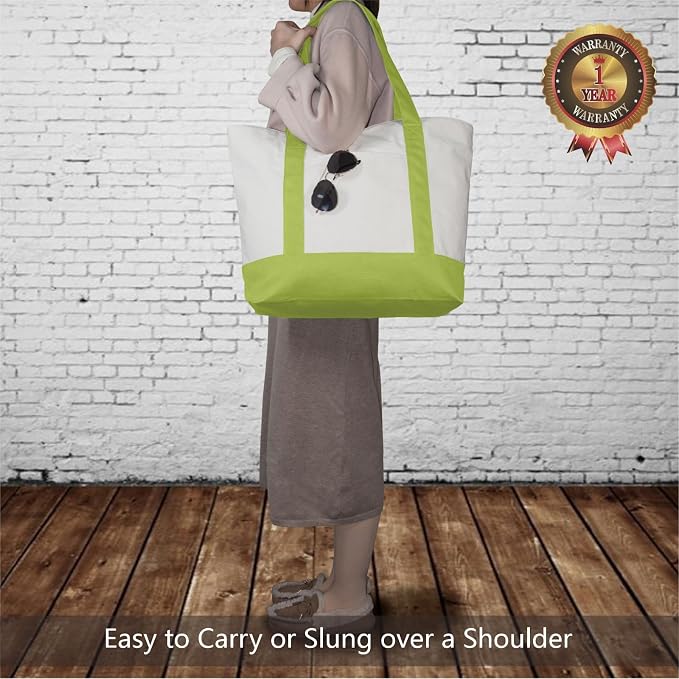 TOPDesign 1-Pack Canvas Tote Bag with an External Pocket, Reusable Grocery Shopping Bag, Top Zipper Closure, Daily Essentials (Light Green/Natural) - Image 2