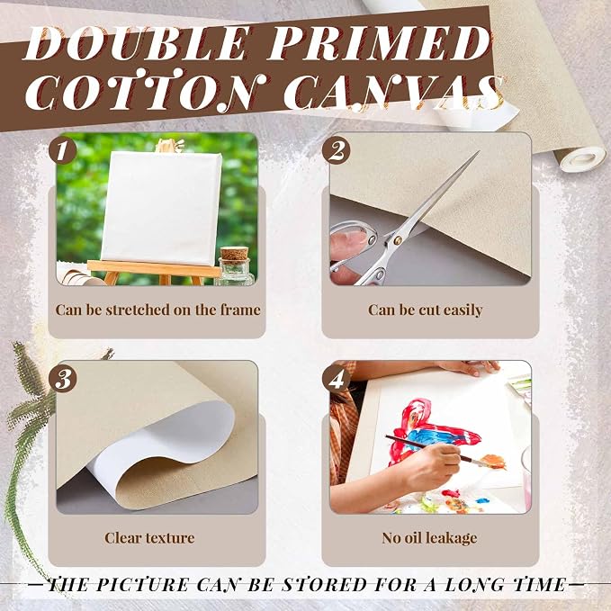 Kinlop 36 Inch x 20 Feet Double Primed Cotton Canvas Large Linen Beige Canvas Roll for Oil and Acrylic Painting - Image 3