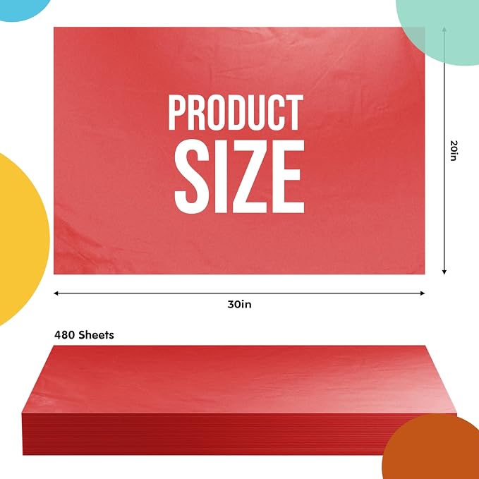 Party Solids Red Tissue Paper for Gift Bags - 20" X 30" Bulk Tissue Paper Red 480 Sheets - 10lb Newsprint for Packing, Birthday Gift Box Filler, Packing Supplies for Moving Supplies - Image 2