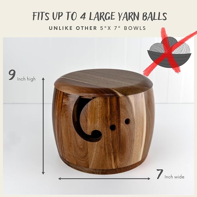 Tyck Design's Large Wooden Yarn Bowl with Lid - 9x7 Inch XL Acacia Wood Holder for Knitting, Crocheting & Macrame - Extra Big & Strong Yarn Storage - Image 2