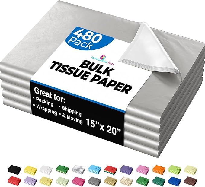 Party Solids Silver Tissue Paper for Gift Bags - 15" X 20" Bulk Tissue Paper Silver 480 Sheets - 10lb Newsprint for Packing, Birthday Gift Box Filler, Packing Supplies for Moving Supplies by Crown+Display