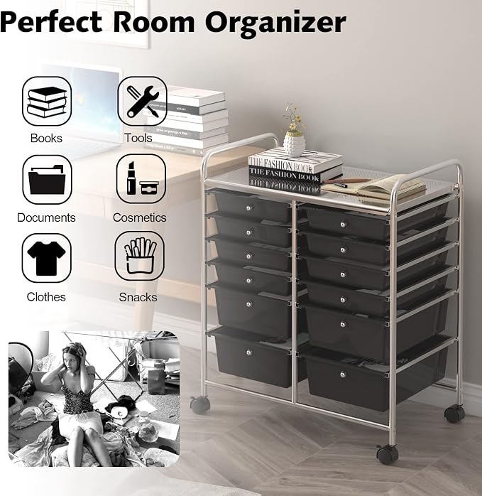 DREAMADE Rolling Cart with Storage Drawers, Utility Cart with Removable Plastic Drawers, Lockable Wheels, Art Cart for Classroom Organization Art Supplies Office Scrapbook (12 Drawers, Black) - Image 8