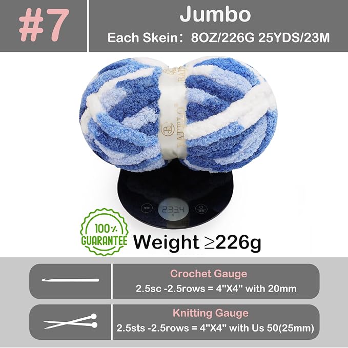 Chunky Yarn for Hand Knitting, Chunky Chenille Blanket Yarn for Crocheting, Bulky Soft Fluffy Chenille for Blanket Project, 8 Pack of 8oz/25yds, White&Blue - Image 2