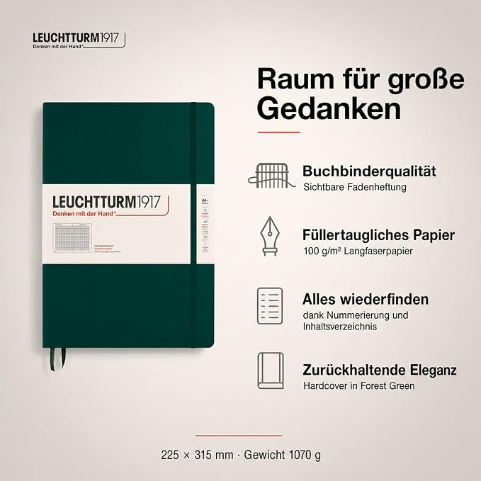 LEUCHTTURM1917 - Notebook Hardcover Master Classic A4+ - 235 Numbered Pages for Writing and Journaling (Forest Green, Squared) - Image 3