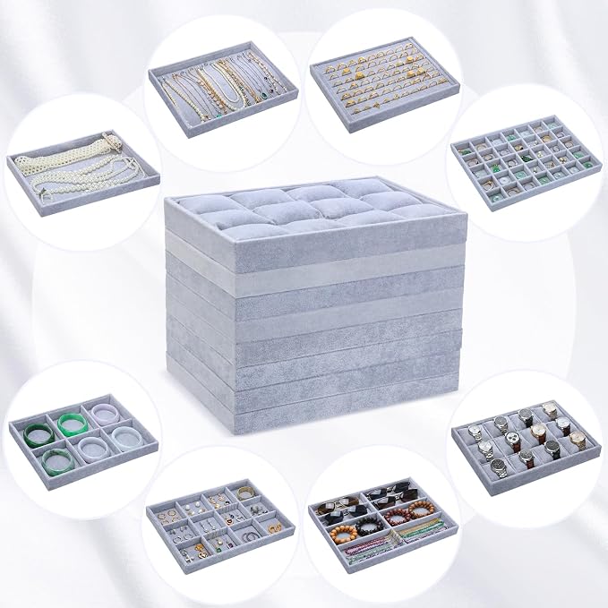 Tondiamo Set of 8 Large Stackable Jewelry Organizer Tray Set for Drawers Grey Velvet Jewelry Drawer Inserts Container Display Case Storage Display Trays for Earring Necklace Rings Bracelet Sunglasses - Image 7