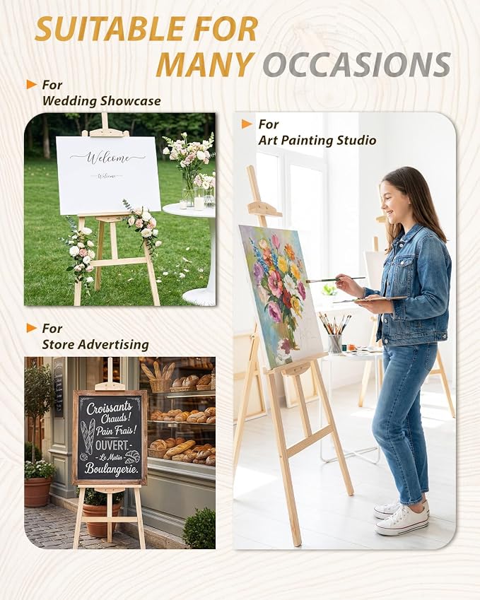 Pine Wood A-Frame Art Easel Stand, Foldable Wooden Painting Easel, Natural | Adjustable wooden painting easel hold up to 41"canvas,Wood easel for display home studio outdoor wedding student adult artist - Image 6