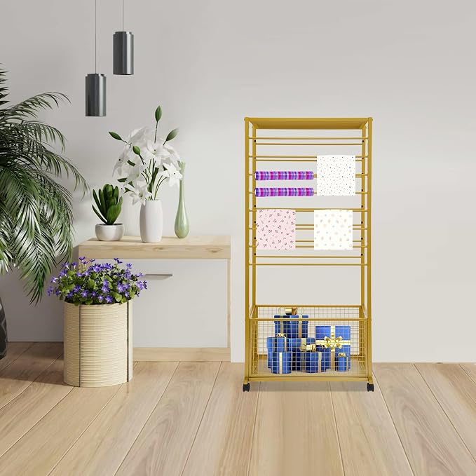 16 Tier Ribbon Holder Organizer Rack for Craft Room, Ribbon Display Stand with Lockable Wheels, Multifunctional Ribbon Storage Flower Gift Wrap Organizer for Flower Shop, Cake Shop (Gold) - Image 5