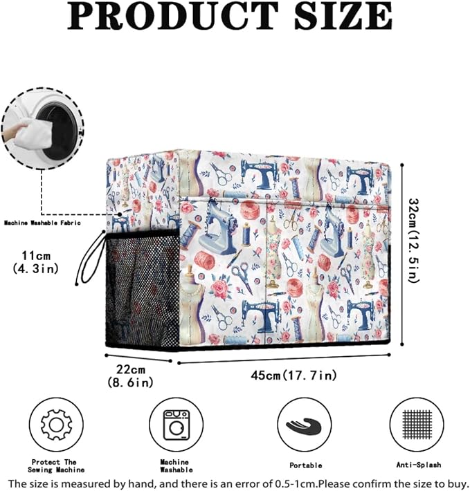 Sewing Theme Sewing Machine Protective Cover and Table Mat with Small Cylinder and Pocket Durable Waterproof Sewing Supplies For Fits Standard Singer, Brother and Janome Machines - Image 2
