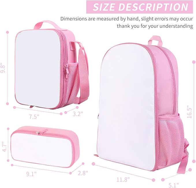 4Sets 16inch Sublimation Blank Backpack Lunch Bag Pencil Case Set for Children DIY Bookbag Cooler Bag Pencil Bag(pink) - Image 2
