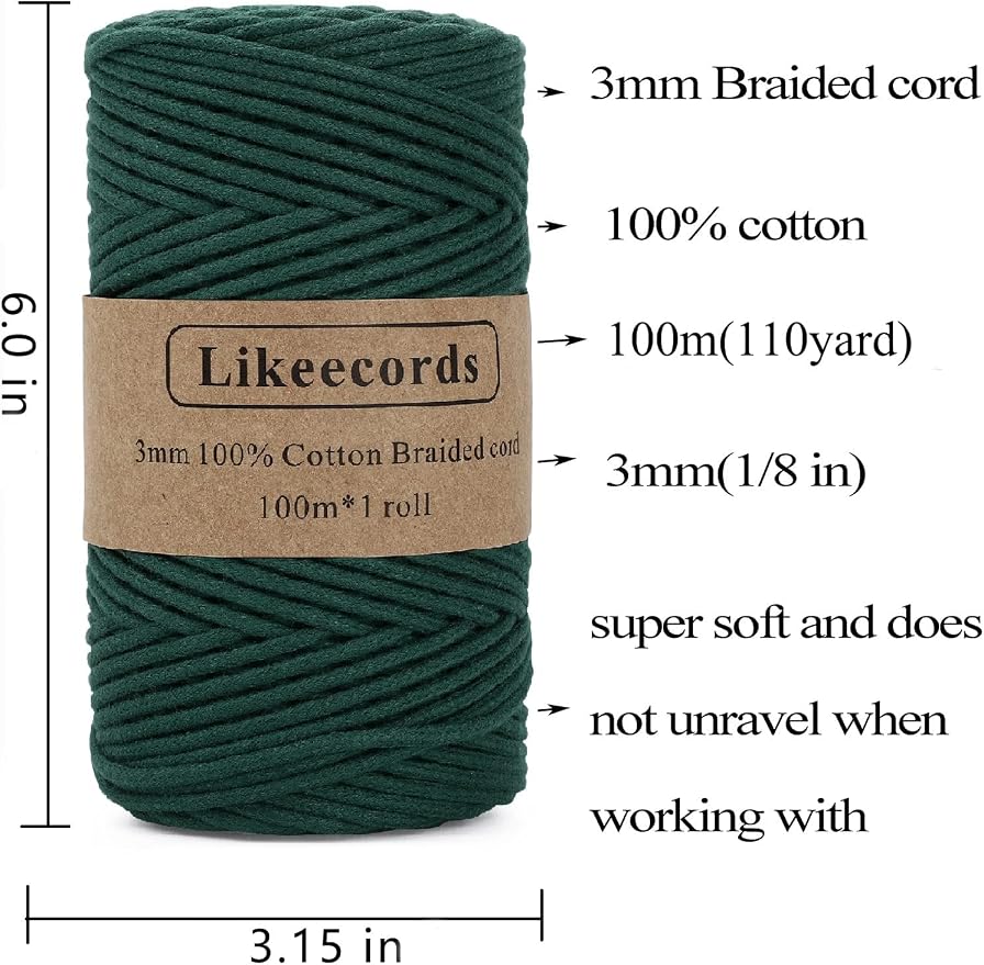Likeecords 2 Skeins Braided Macrame Cord, 3mm x 100m, Colorful Cotton Craft Cord for Bag, Wall Hanging, Plant Hangers, Crafts, Knitting (Dark Green) - Image 2