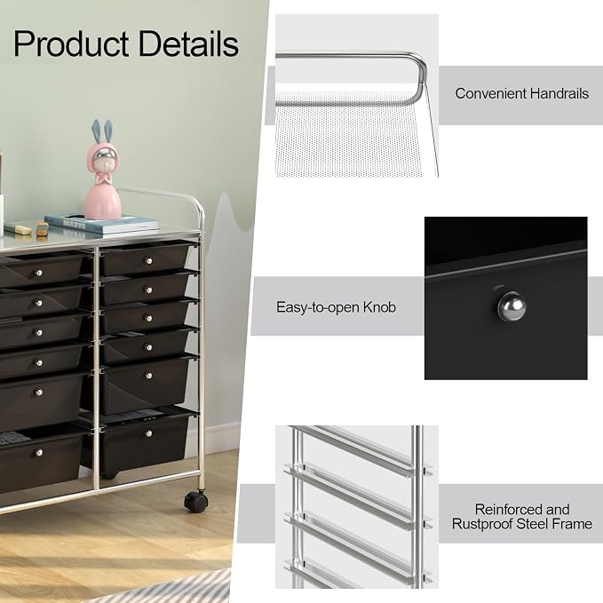 DREAMADE Rolling Cart with Storage Drawers, Utility Cart with Removable Plastic Drawers, Lockable Wheels, Art Cart for Classroom Organization Art Supplies Office Scrapbook (12 Drawers, Black) - Image 6