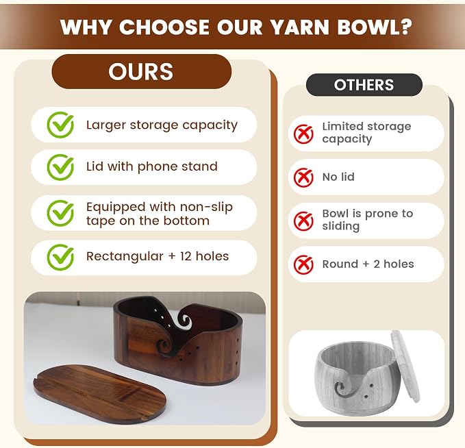 Wooden Yarn Bowl with Lid & Phone Slot Oval Crochet Yarn Holder Bowl | 11.4x5.9x4.7in Large Oval Acacia Wood Yarn Bowl Knitting for Crocheters, Crochet Yarn Holder Bowl (Oval - Acacia wood) - Image 5