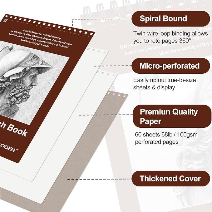 TKOOFN 5 Pack 5.5" x 8.5" SketchBooks Bulk,Top Spiral Bound Sketchbook | 60 Sheet Each,300 Sheets total,68lb/100gsm thick,Acid-Free,Portable Travel Drawing Paper Pad for Adult Kids Artists Beginners - Image 3