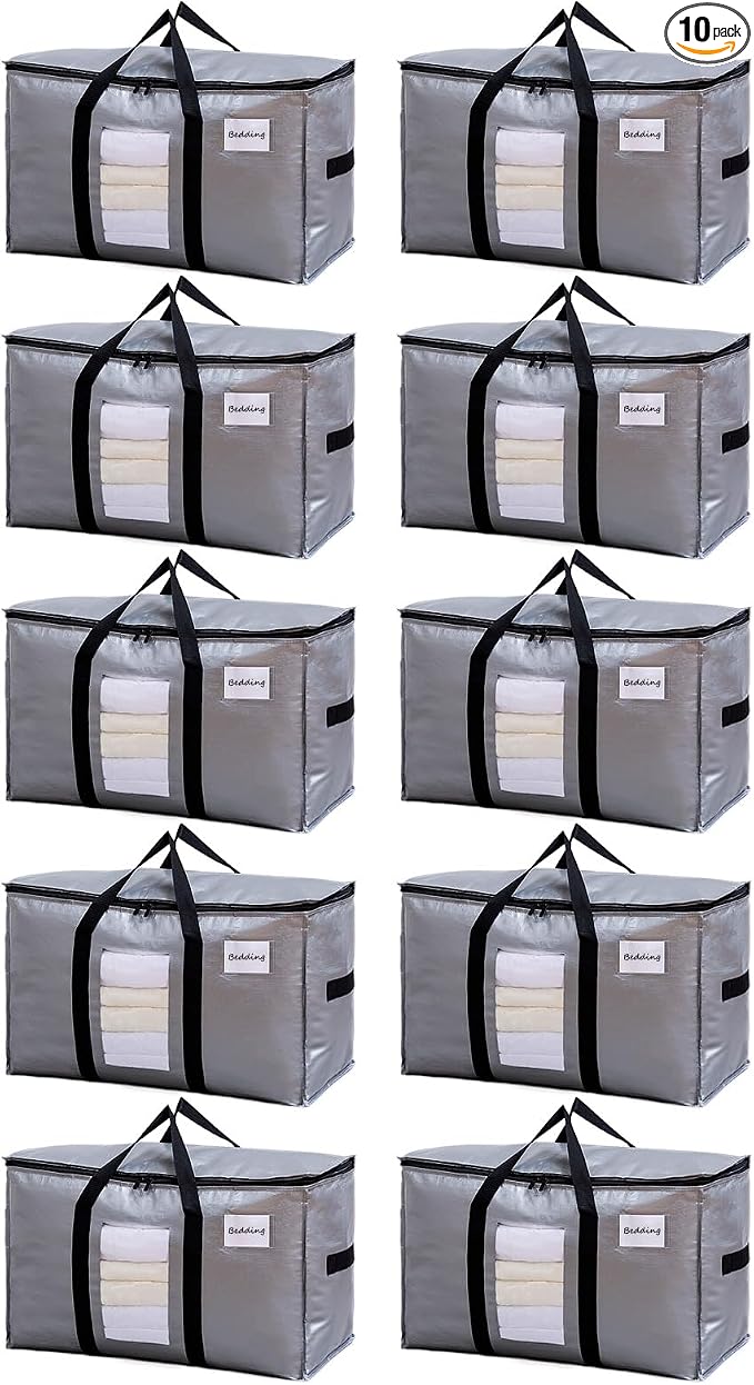 TAILI 10 Pack Silver XXL Moving Bags,Storage Bags with Visible Window | 93L Heavy Duty Totes For Home Storage,Wrap Around Handles,Alternative to Moving Boxes, College Dorm,Perfect for Moving by TAILI