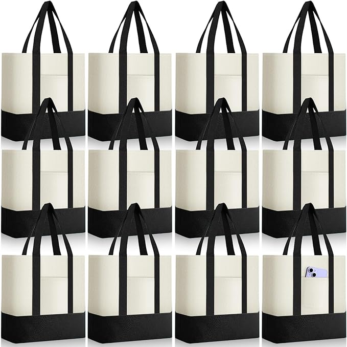 Sanwuta 12 Pcs Mini Canvas Tote Bags Bulk with Pocket Small Sublimation Blank Canvas Tote Reusable Grocery Bag for Women, DIY Craft (Black) by Sanwuta