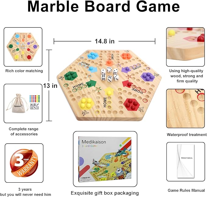 Original Marble Game Wahoo Board Game Double Sided Painted Wooden Fast Track Board Game for 6 and 4 Players 6 Colors 24 Marbles 6 Dice for Family Friends