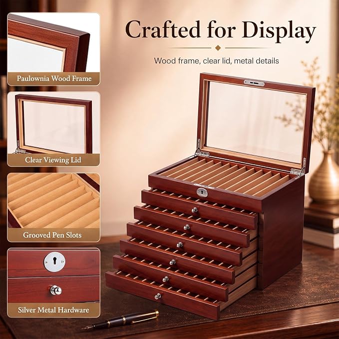 Silipull 78-Slot Fountain Pen Display Case, Key Lock, Cherry Finish, 7-Tier | Key-lock Top, Helps Limit Casual Access to Prized Pens, Glass Lid Displays Favorites, Six Drawers Organize 78 Pens. - Image 4