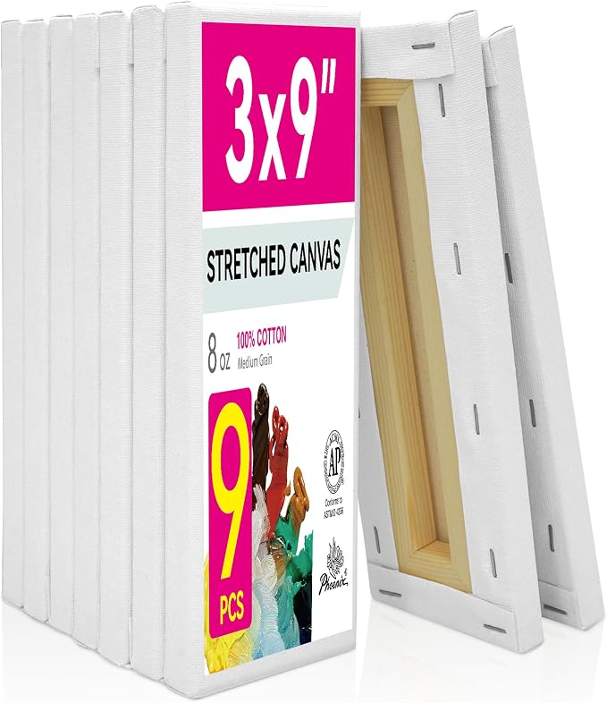 PHOENIX Skinny Stretched Canvas for Painting 3x9 Inch/9 Value Pack, 8 Oz Triple Primed, 5/8 Inch Profile, 100% Cotton White Blank Canvas, Rectangular Framed Canvas for Oil Acrylic & Pouring Art by PHOENIX