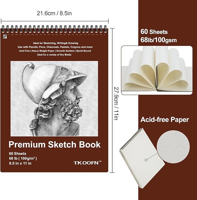 TKOOFN 10 Pack 8.5" x 11" SketchBooks Bulk,Top Spiral Bound Sketchbook | 60 Sheet Each,600 Sheets total,68lb/100gsm thick,Acid-Free,Sketch Drawing Paper Pad for Adult Kids Artists Beginners - Image 2